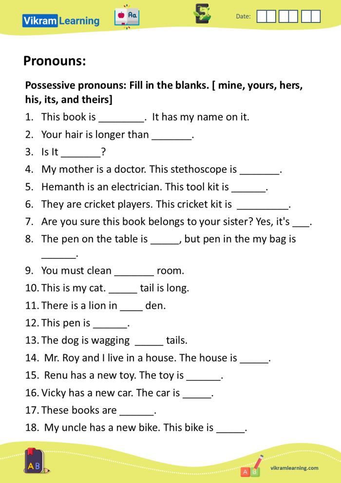 Worksheet showcasing a pronoun review focusing on possessive, relative, and indefinite pronouns for fourth graders