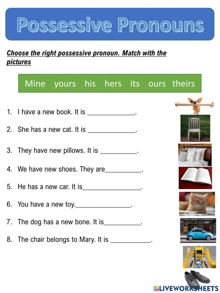 Worksheet featuring a pronoun review for fourth graders focusing on possessive, relative, and indefinite pronouns