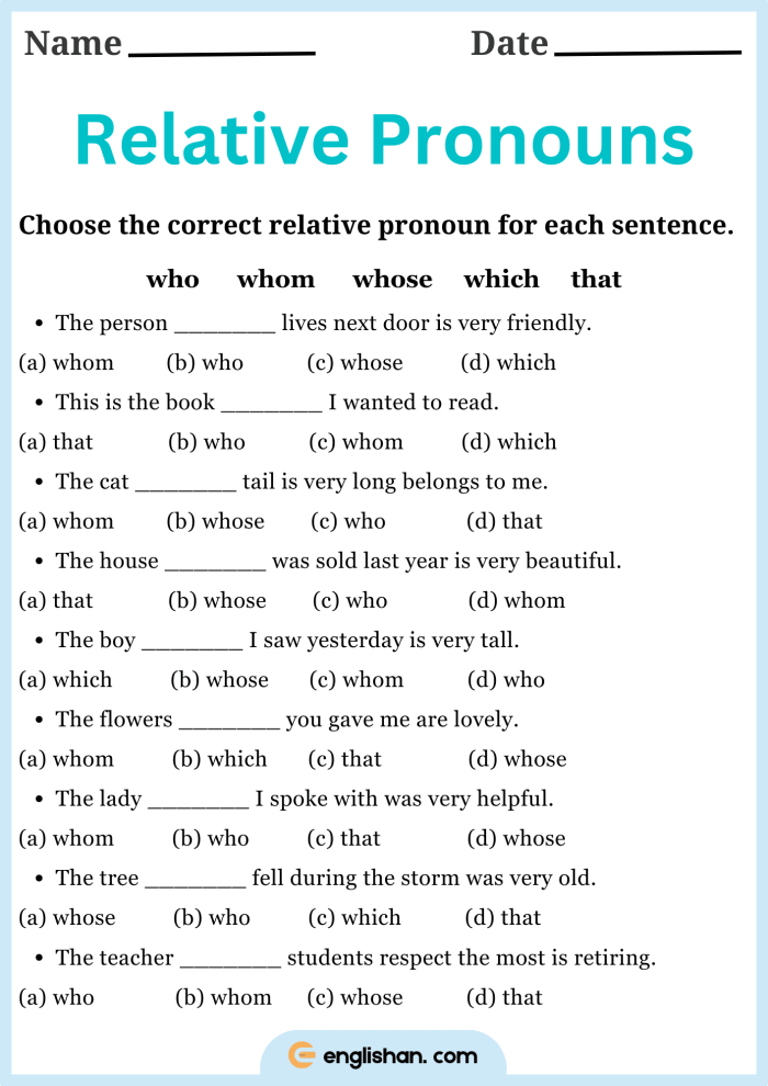 Worksheet for reviewing possessive, relative, and indefinite pronouns for fourth graders