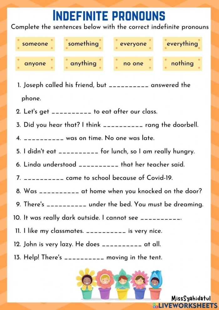 Worksheet featuring a pronoun review on possessive, relative, and indefinite types for fourth graders