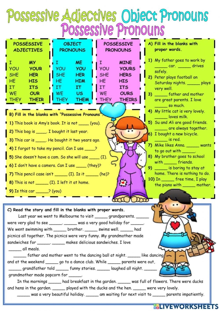 Worksheet for reviewing possessive, relative, and indefinite pronouns for fourth graders