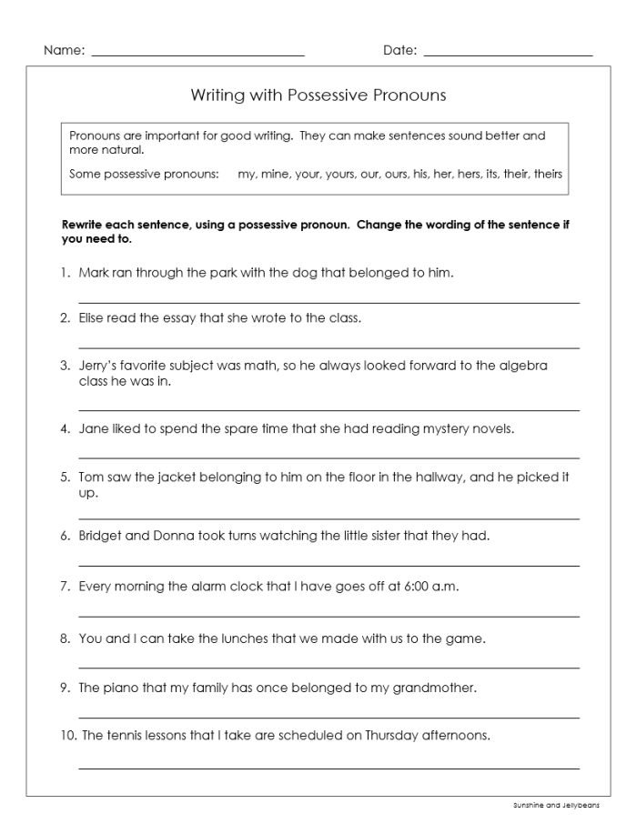 Worksheet focusing on possessive, relative, and indefinite pronouns for fourth graders