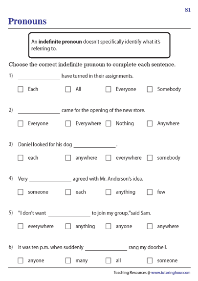 Worksheet for reviewing possessive, relative, and indefinite pronouns for fourth graders