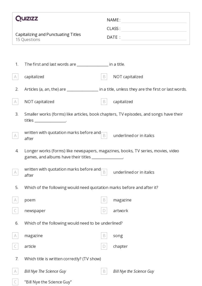 Fourth grade math puzzles worksheet focused on capitalizing and punctuating titles and headings