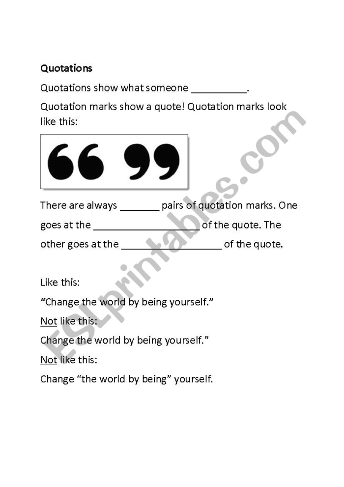 Guidelines for using quotation marks in writing and dialogue Worksheet illustrating the rules of using quotation marks for fourth graders