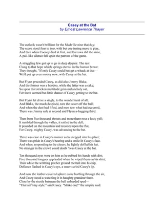 Fourth grade worksheet for reading Casey at the Bat poem with stanza questions