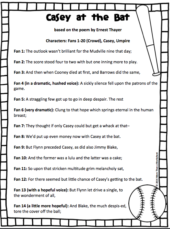 Fourth Grade students reading Casey at the Bat poem with worksheet questions