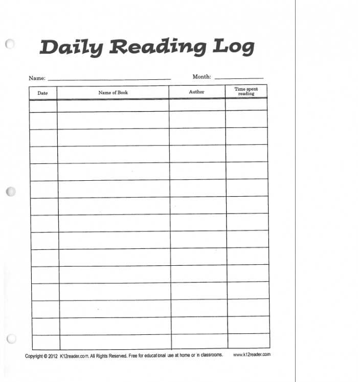 Worksheet template for tracking reading activities in fourth grade history lessons Fourth Grade student filling out a weekday reading log for history class