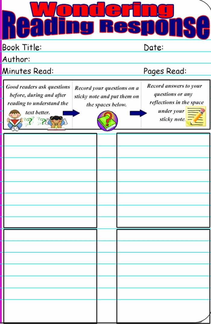 Sample reading response letter worksheet showing fourth grade students how to identify important elements in a text with highlighted sections and annotations
