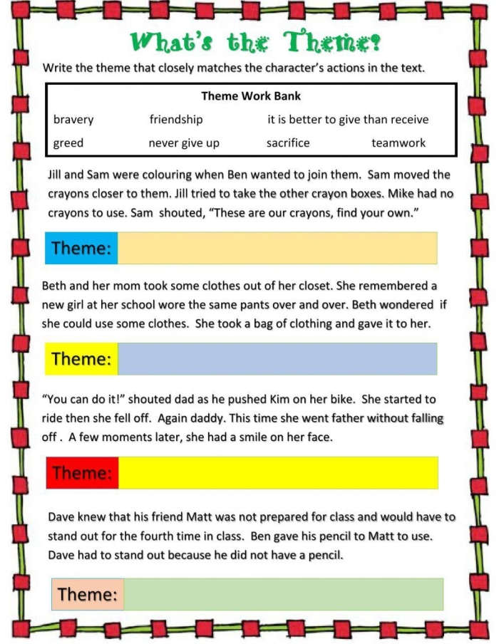 Thinking About Themes: Reflection Cards for Division in Fourth Grade Reflection Cards worksheet designed for fourth graders to explore literary themes