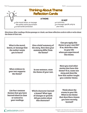 Thinking About Themes: Reflection Cards for Division in Fourth Grade Reflection Cards worksheet designed for fourth graders to explore literary themes