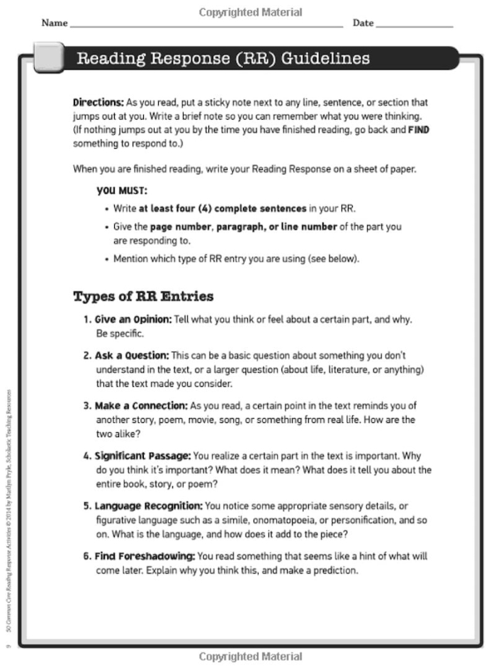 Sample reading response letter with highlighted sections showing greeting, body paragraphs, and closing for fourth grade phonics students