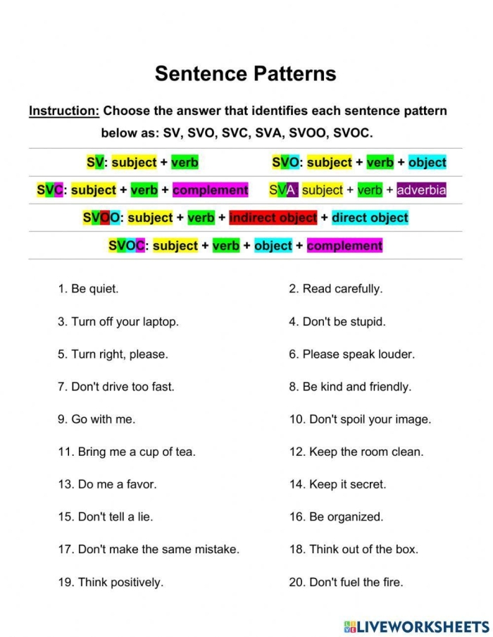 Engaging Find the Sentence Patterns worksheet for fourth graders with varied sentence types Fourth grade students working on a Find the Sentence Patterns worksheet with a fun messy story