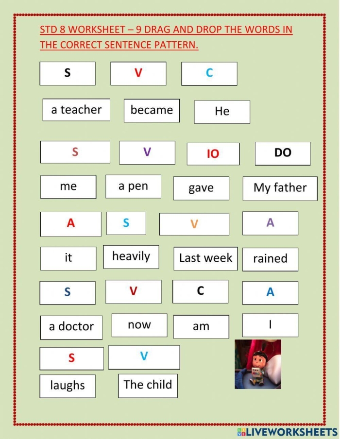 Engaging reading activity for identifying sentence structures in fourth grade lesson number 6 Fourth grade students working on a Find the Sentence Patterns worksheet with a fun messy story