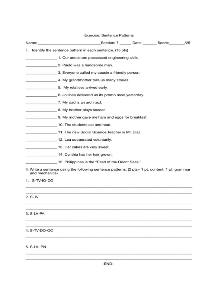 Engaging Find the Sentence Patterns worksheet for reading practice in grade four Fourth grade students identifying sentence patterns in a fun messy story worksheet