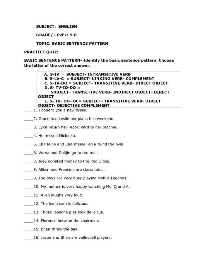 Engaging Find the Sentence Patterns worksheet for fourth grade reading practice image five Fourth grade students working on a Find the Sentence Patterns worksheet with a fun messy story