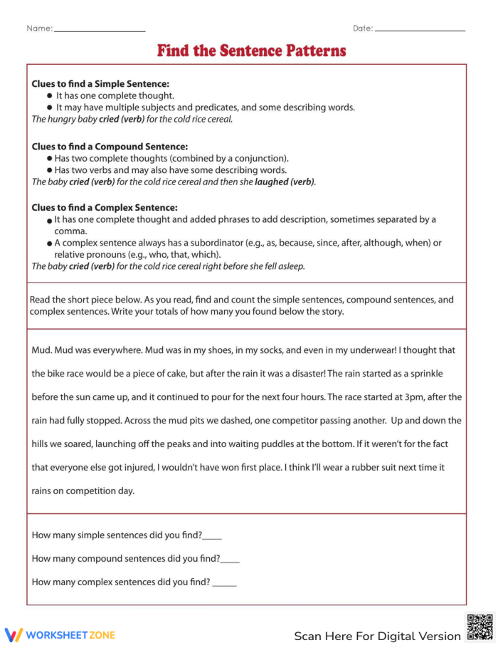 Engaging Find the Sentence Patterns worksheet for fourth grade reading practice image 15 Fourth grade students working on a Find the Sentence Patterns worksheet with a fun messy story