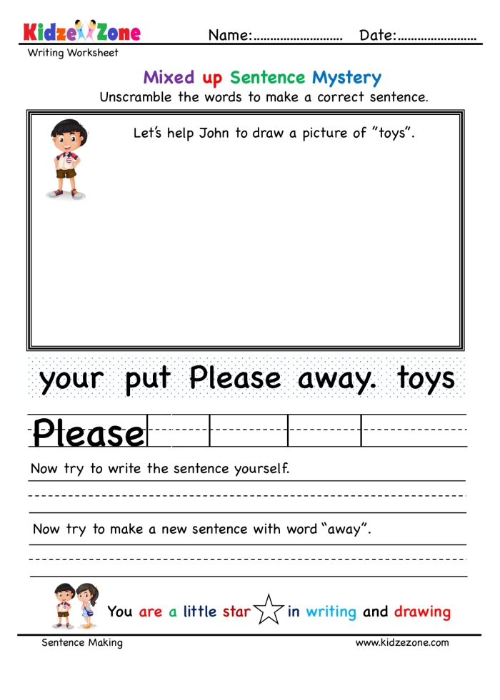 Engaging Data and Graphing activity with Sentence Mix-Up Game worksheet for grade four learners Fourth Grade students collaborating on a Sentence Mix-Up Game worksheet to create a story