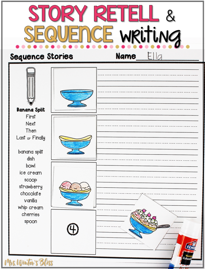 Summarizing with Sequence Words worksheet for reading skills in fourth grade students, image 18 Fourth grade students using a worksheet to practice summarizing with sequence words in a fairy tale