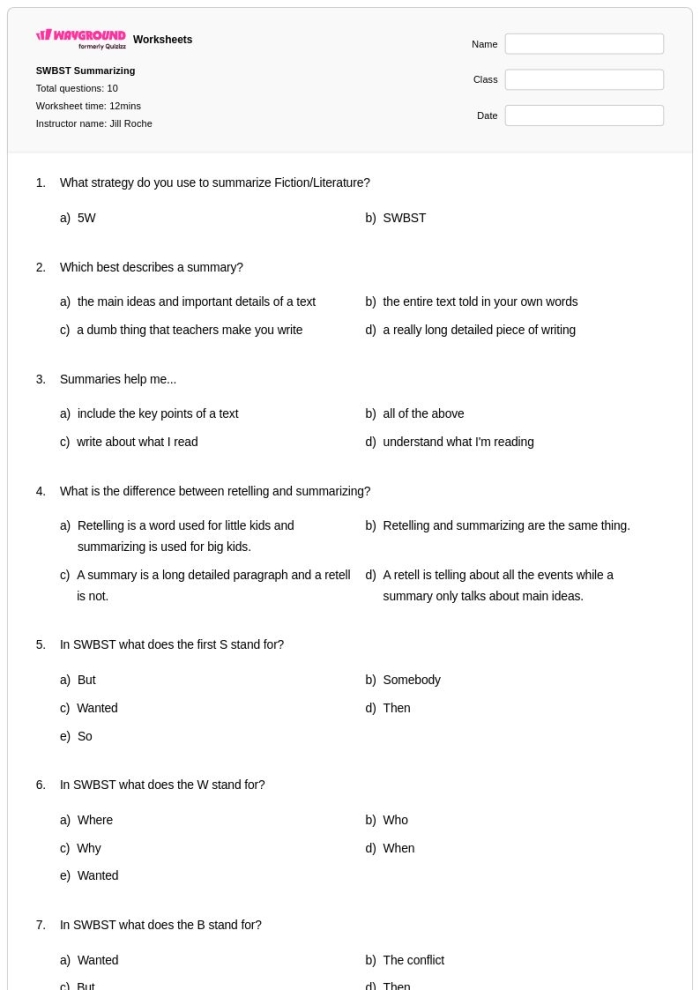 Worksheet for practicing sequence words in reading summaries for fourth graders Fourth grade students working on a summarizing with sequence words worksheet featuring a fairy tale summary