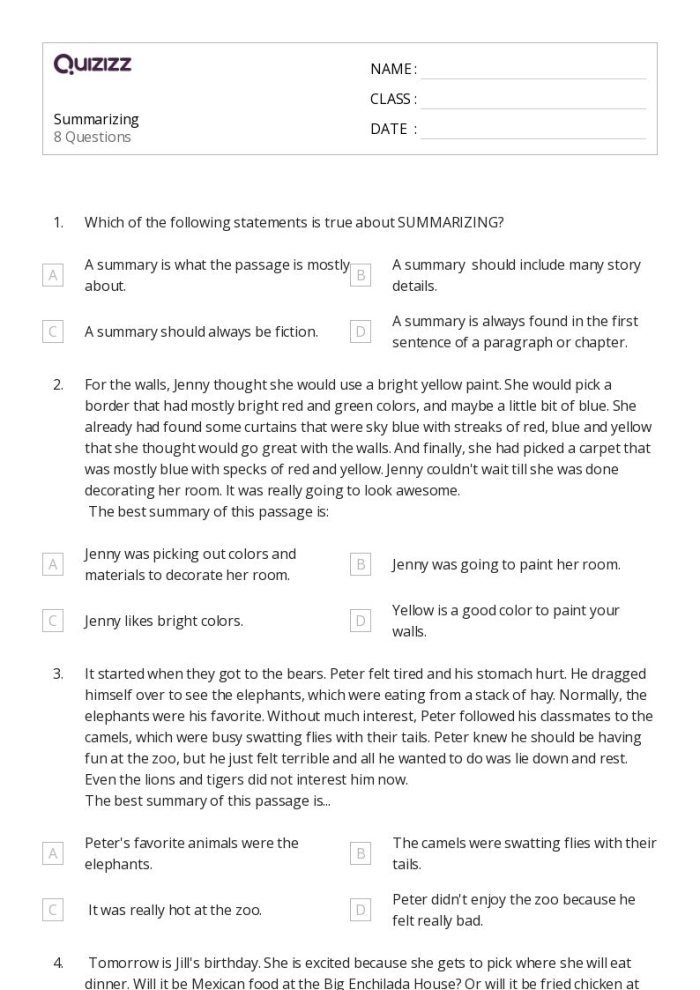 Worksheet for practicing summary writing with sequence words in a reading activity Fourth Grade worksheet focusing on summarizing a fairy tale using sequence words