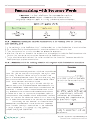 Worksheet for practicing summary writing using sequence words in a reading activity for fourth graders Fourth grade students completing a summarizing with sequence words worksheet featuring a fairy tale summary