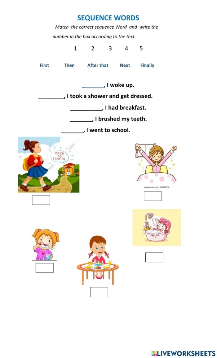 Worksheet for summarizing with sequence words in reading class, image 4 Fourth grade students practicing summarizing using sequence words on a worksheet