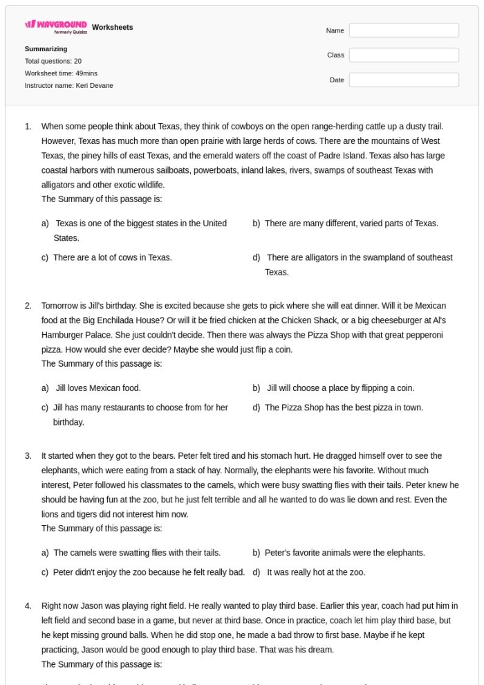 Worksheet for identifying and using sequence words in a summary of a fairy tale story Fourth grade students practicing summarizing using sequence words on a worksheet from a classic fairy tale