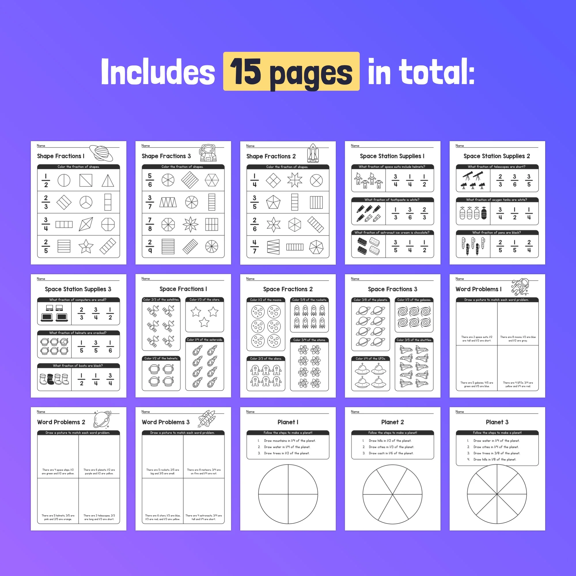 Space Fractions Practice Activity 6 for Elementary Math Learners Fourth grade students writing fractions to represent ratios of celestial objects and simplifying them on a space themed worksheet