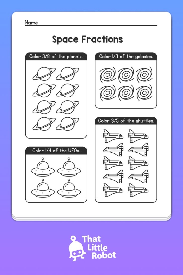 Space Fractions Practice Activity 7 for Elementary Math Students Fourth grade students solving space-themed fraction ratio problems on a worksheet with planets and stars