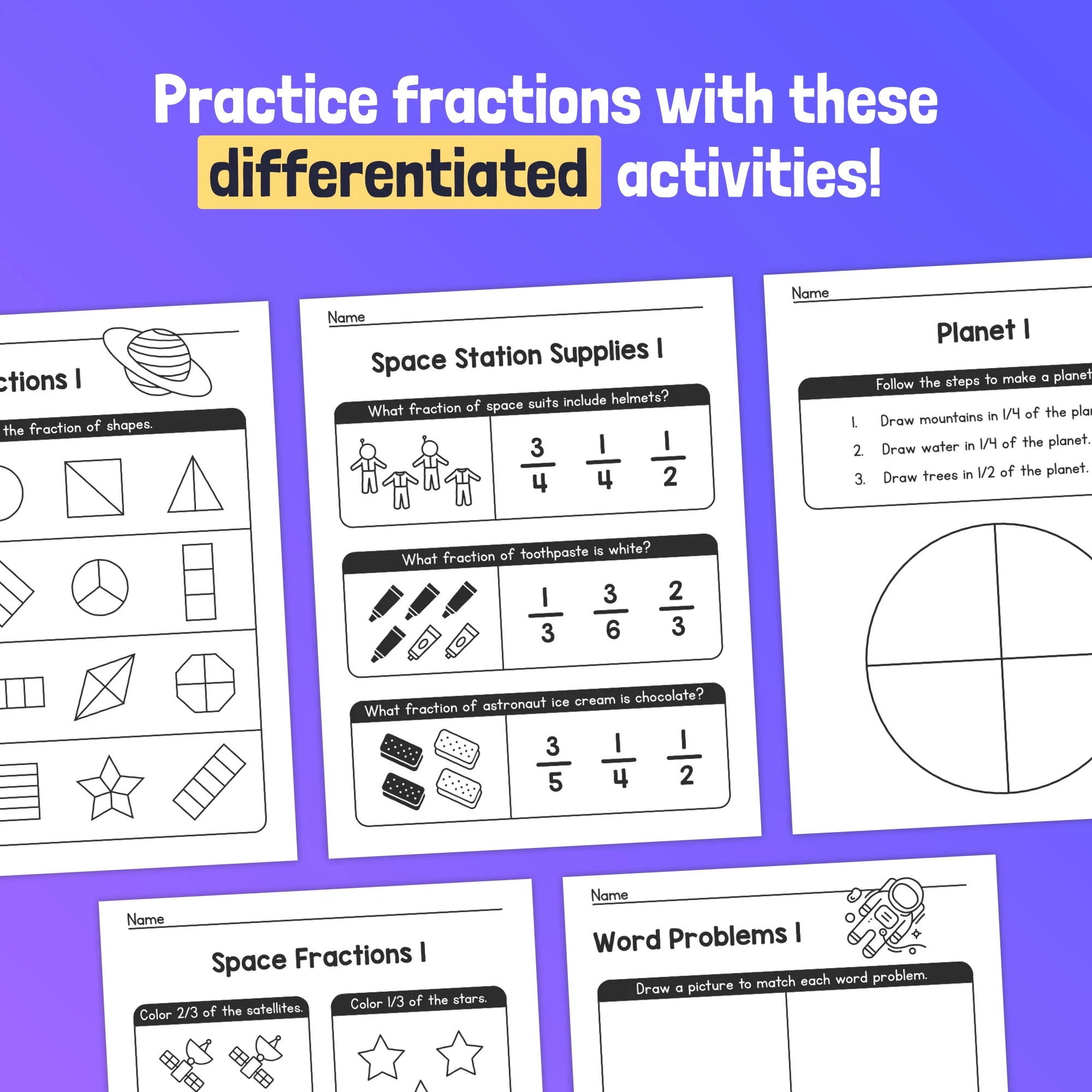 Space Fractions Worksheet Activity 12 for Elementary Math Practice Fourth grade students solving space-themed fraction problems by comparing quantities of celestial objects and simplifying ratios