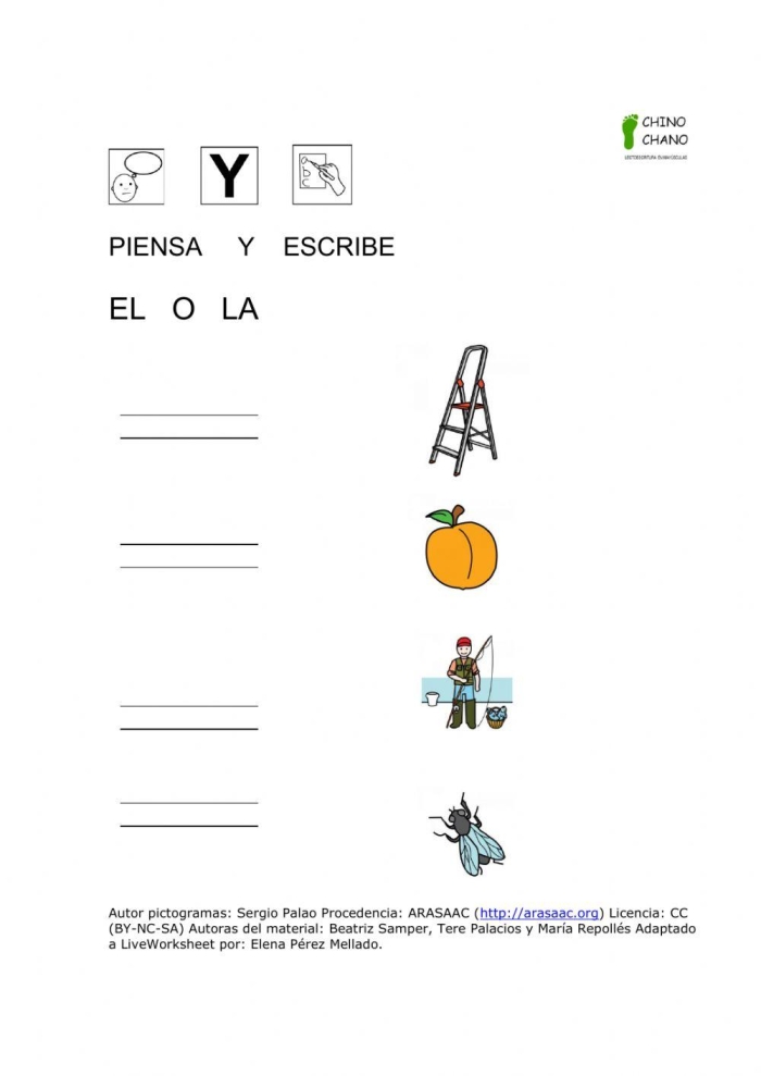 Worksheet illustrating the use of "la" and "el" for fourth-grade Spanish learners