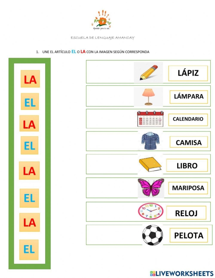 Worksheet illustrating the use of "la" and "el" in Spanish grammar for fourth graders. Helpful guide on common exceptions in gendered articles for beginners.