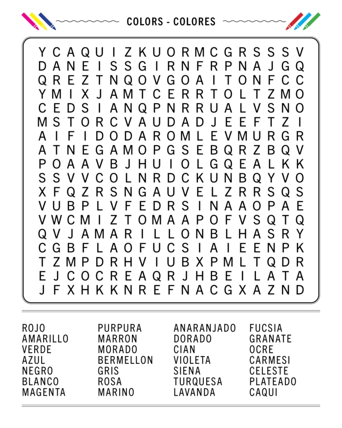 Engaging Spanish colors word search for young learners to boost their vocabulary skills Colorful word search worksheet featuring Spanish color vocabulary for fourth graders