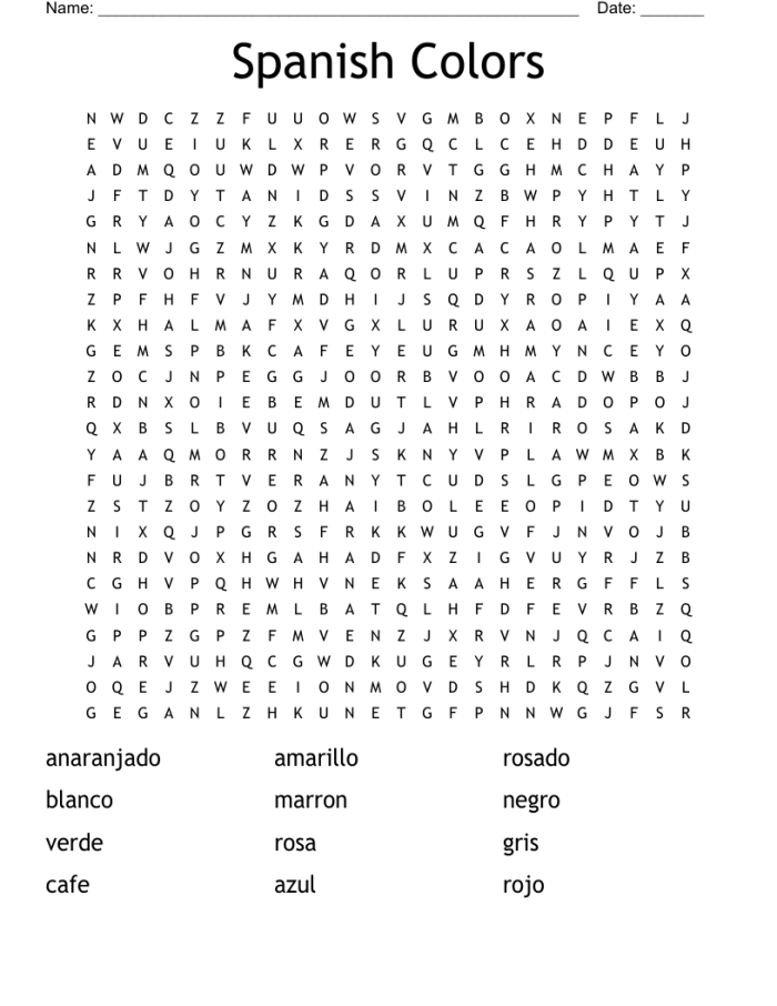 Explore basic colors in Spanish with this engaging word search activity Colorful word search worksheet featuring Spanish color vocabulary for fourth graders