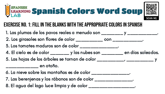 Interactive activity for fourth graders to learn basic colors in Spanish Colorful word search worksheet featuring Spanish color vocabulary for kids