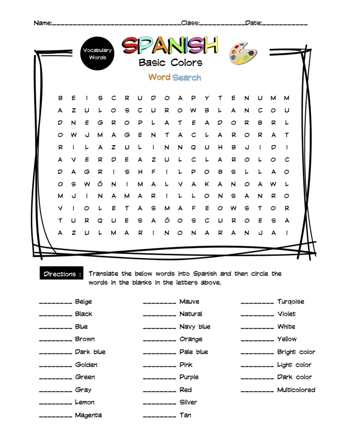 Engaging colors in Spanish word search activity for young learners Word search worksheet featuring basic colors in Spanish for fourth graders