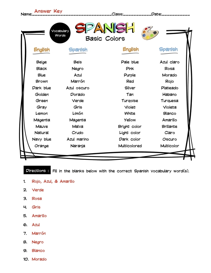 Worksheet featuring a fun challenge to find basic color words in Spanish Colorful Spanish vocabulary word search for fourth graders