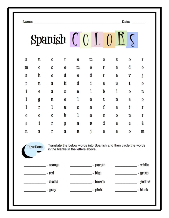 Engaging Spanish colors word search for fourth-grade learners Colorful word search worksheet featuring basic color vocabulary in Spanish