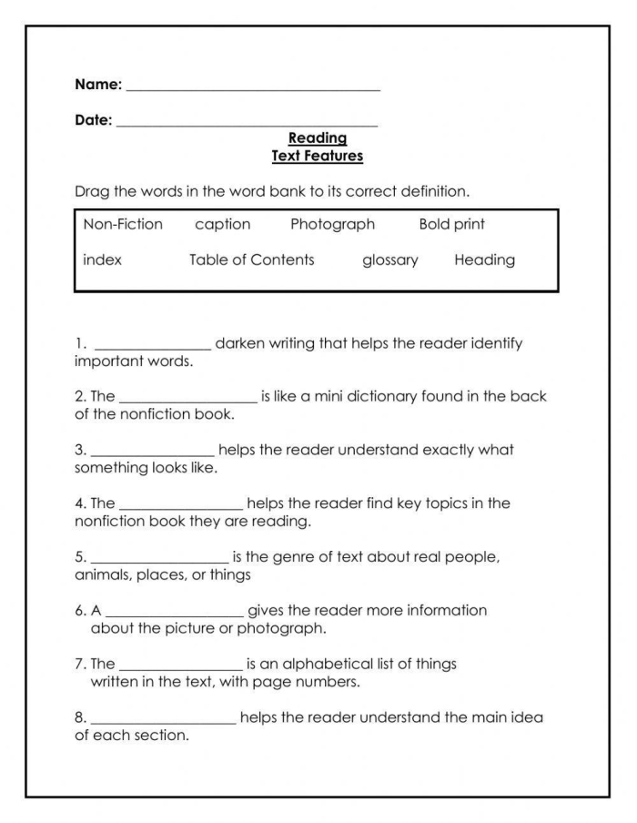 Text features sort worksheet for fourth-grade students to match information effectively
