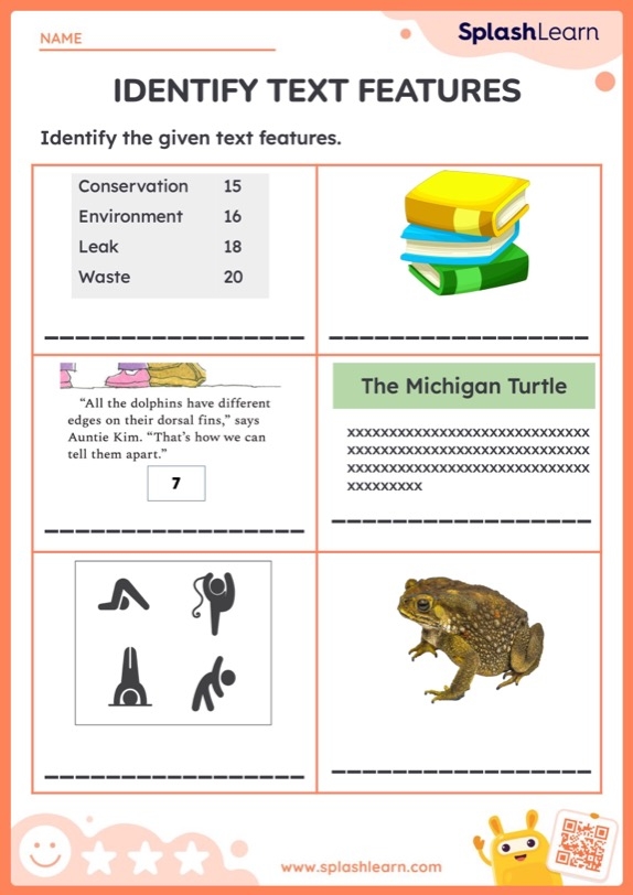 Text Features Sort worksheet designed for fourth-grade handwriting practice