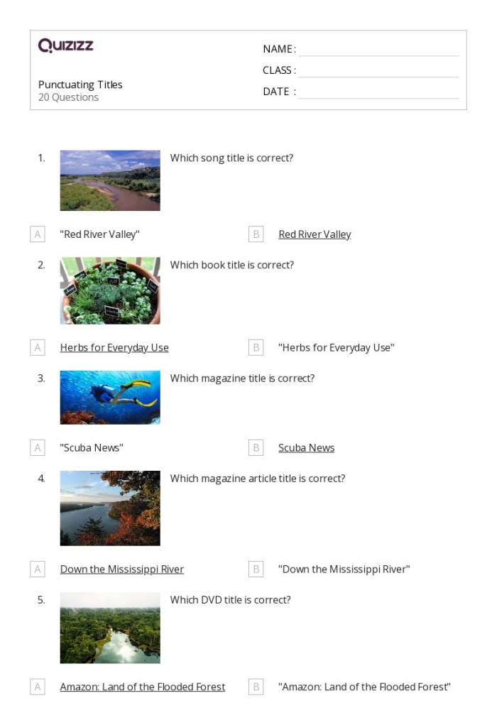 Fourth grade worksheet on capitalizing and punctuating titles and headings with examples