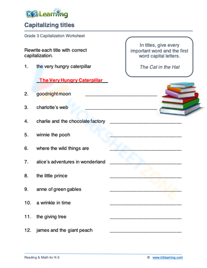 Fourth grade worksheet on capitalizing and punctuating titles with examples and practice