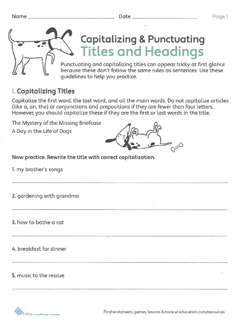Fourth grade worksheet on capitalizing and punctuating titles and headings with math puzzle theme