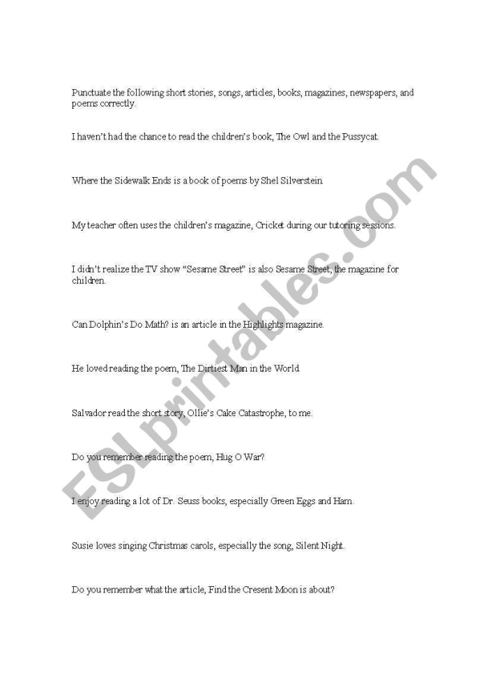 Fourth grade math puzzles worksheet focused on capitalizing and punctuating titles and headings