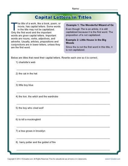 Fourth grade math puzzle worksheet on capitalizing and punctuating titles and headings