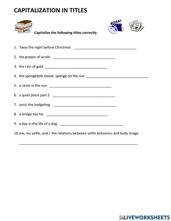 Fourth Grade worksheet on capitalizing and punctuating titles with examples and exercises