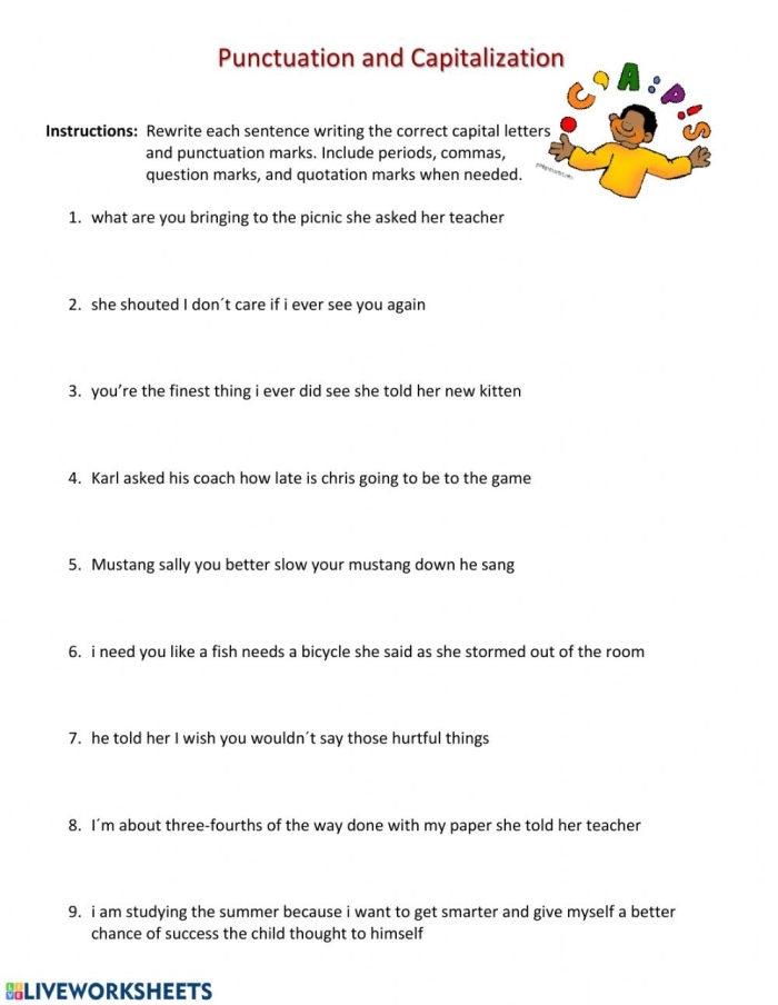 Fourth grade worksheet on capitalizing and punctuating titles with examples and exercises