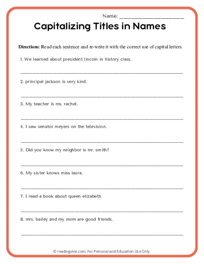 Fourth grade worksheet on capitalizing and punctuating titles with punctuation practice