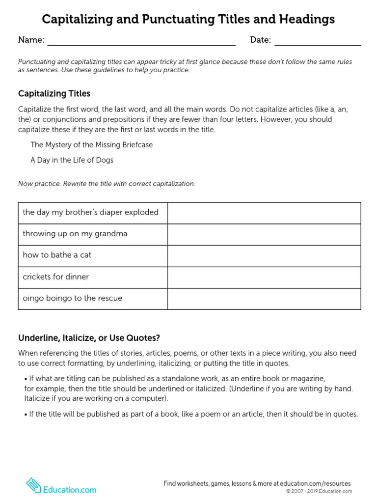 Fourth grade math puzzle worksheet on capitalizing and punctuating titles and headings